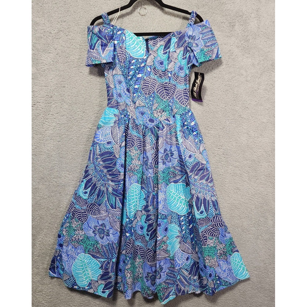 Vintage 80s/ 90s‎ Off Shoulder Cottage Core Dress Blue Floral Size 7/8 NWT